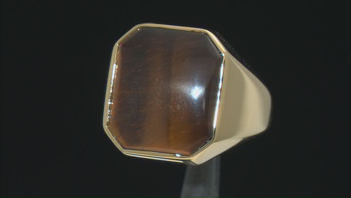 Brown Tiger's Eye 18k Yellow Gold Over Sterling Silver Men's Ring 16x14mm Video Thumbnail