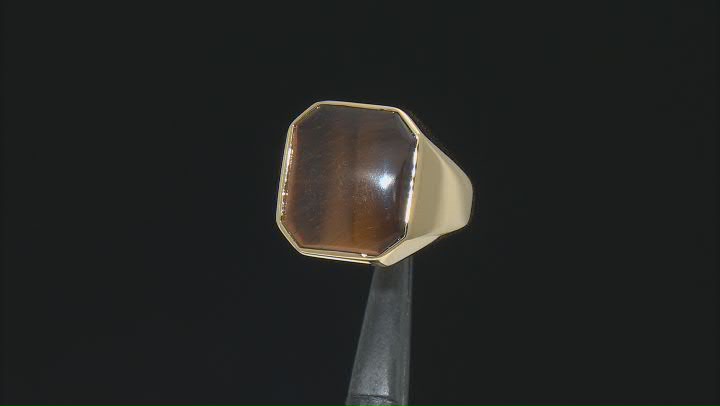 Brown Tiger's Eye 18k Yellow Gold Over Sterling Silver Men's Ring 16x14mm Video Thumbnail