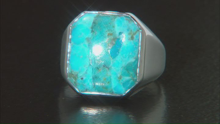 Blue Turquoise Rhodium Over Sterling Silver Men's Ring 16x14mm Video Thumbnail