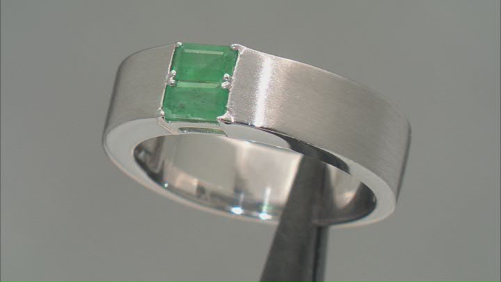 Green Emerald Rhodium Over Sterling Silver Matte Finish Men's May Birthstone Ring 0.48ctw Video Thumbnail