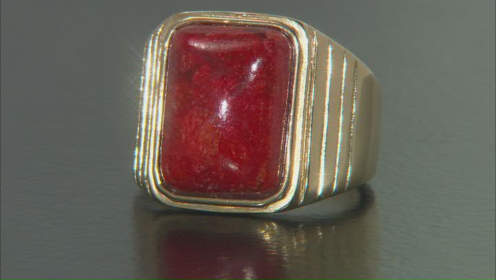 Red Sponge Coral 18K Yellow Gold Over Sterling Silver Solitaire Men's Ring Video Thumbnail