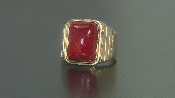 Red Sponge Coral 18K Yellow Gold Over Sterling Silver Solitaire Men's Ring Video Thumbnail