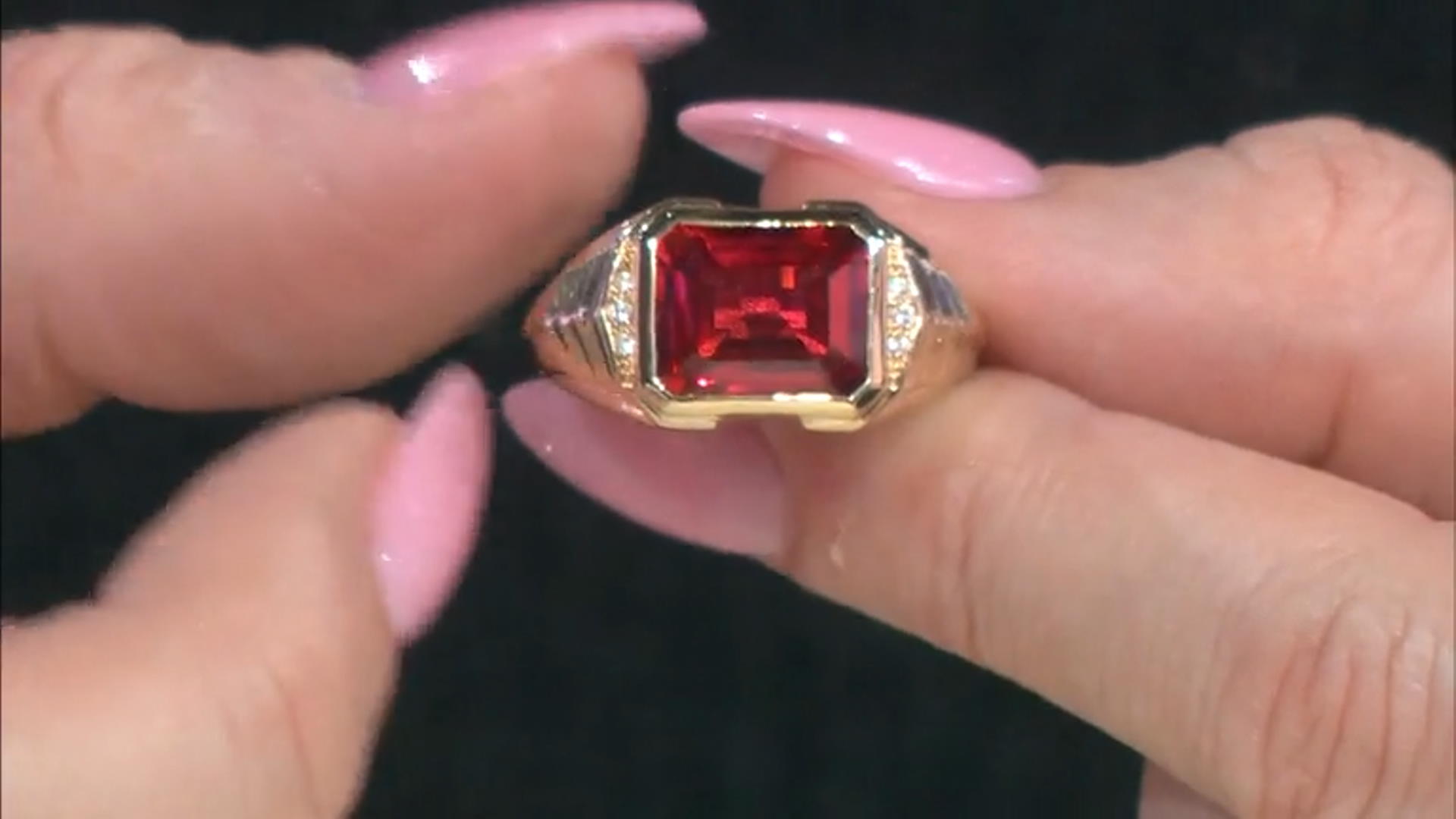 Orange Lab Created Padparadscha Sapphire 18k Yellow Gold Over Sterling Silver Men's Ring 5.57ctw Video Thumbnail