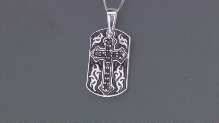 Black Spinel & Black Enamel Rhodium Over Sterling Silver Men's Cross Dog Tag Pendant/Chain .57ctw Video Thumbnail