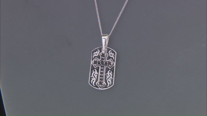 Black Spinel & Black Enamel Rhodium Over Sterling Silver Men's Cross Dog Tag Pendant/Chain .57ctw Video Thumbnail