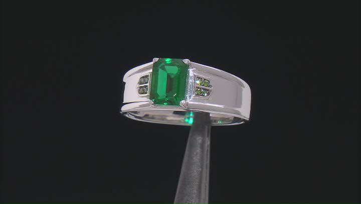 Green Lab Created Emerald With Green Diamond Accent Rhodium Over Sterling Silver Men's Ring 1.39ctw Video Thumbnail