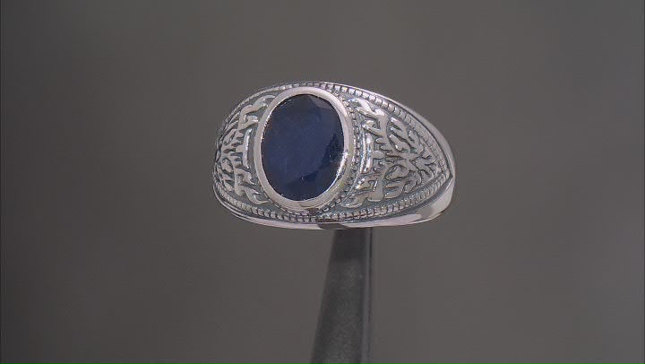 Blue Sapphire Solitaire Sterling Silver Mens Ring 2.72ctw Video Thumbnail