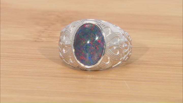Multi-color Australian Opal Triplet Rhodium Over Sterling Silver Gent's Ring Video Thumbnail