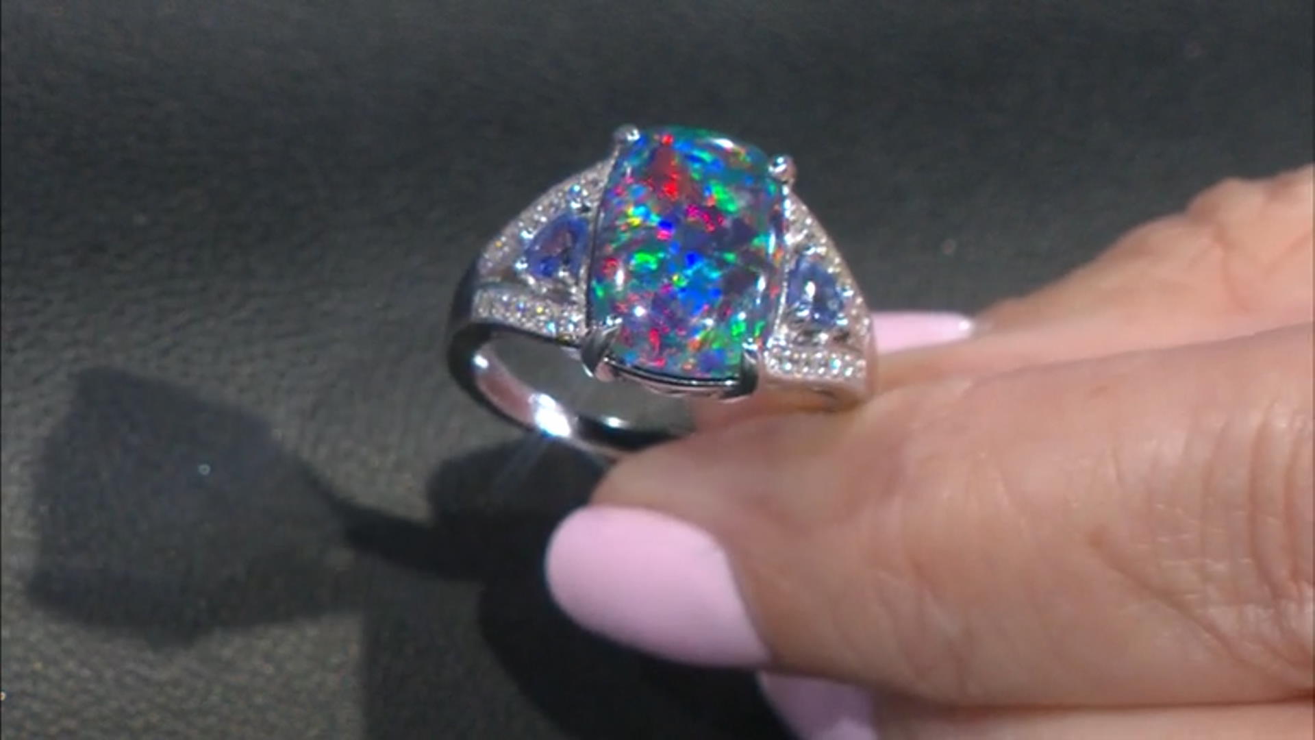 Multicolor Australian Opal Triplet Rhodium Over Sterling Silver Ring .66ctw Video Thumbnail