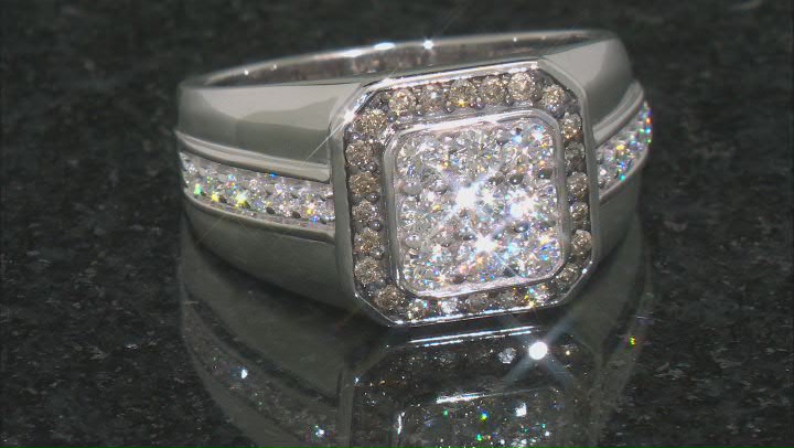 Moissanite and champagne diamond platineve mens ring .78ctw DEW. Video Thumbnail