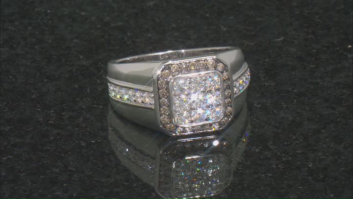 Moissanite and champagne diamond platineve mens ring .78ctw DEW. Video Thumbnail