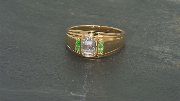 Moissanite and emerald 14k yellow gold over silver mens ring 1.75ct DEW Video Thumbnail