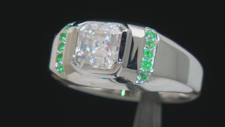 Moissanite And Emerald Platineve Mens Ring 1.85ct DEW. Video Thumbnail