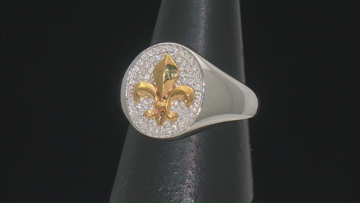 Moissanite platineve and 14k yellow gold over platineve two-tone Fleur-de-Lis mens ring .59ctw DEW. Video Thumbnail