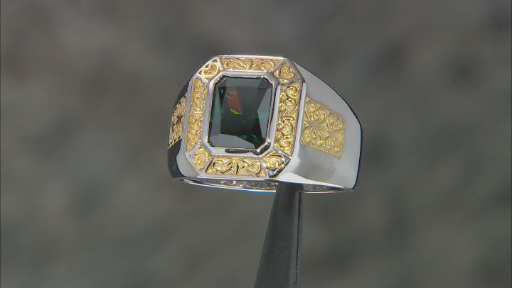 Dark green moissanite platineve and 14k yellow gold over platineve mens ring 3.90ct DEW. Video Thumbnail