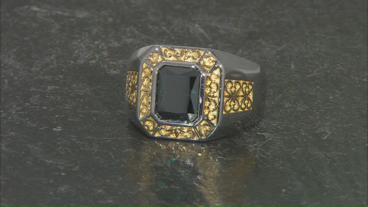 Dark green moissanite platineve and 14k yellow gold over platineve mens ring 3.90ct DEW. Video Thumbnail