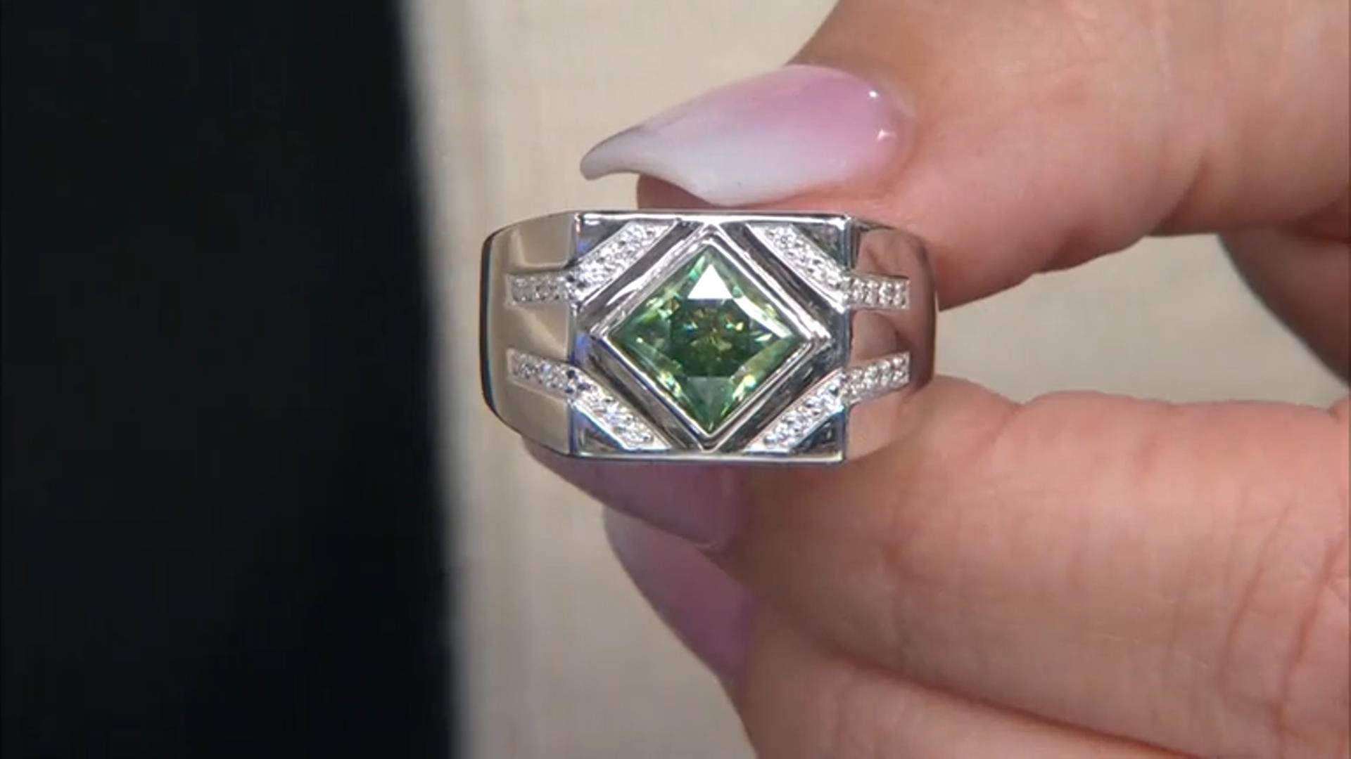 Green and colorless moissanite platineve mens ring 2.38ctw DEW. Video Thumbnail