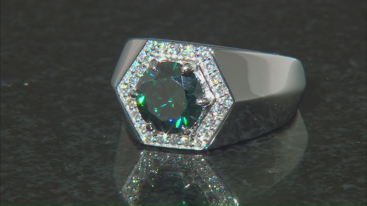 Green And Colorless Moissanite Platineve Mens Ring 3.58ctw DEW. Video Thumbnail