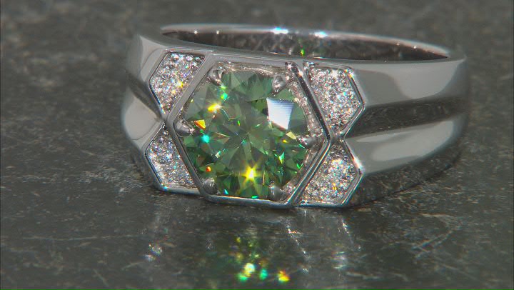 Green And Colorless Moissanite Platineve Mens Ring 3.26ctw DEW. Video Thumbnail