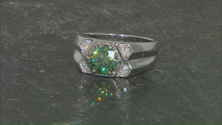 Green And Colorless Moissanite Platineve Mens Ring 3.26ctw DEW. Video Thumbnail