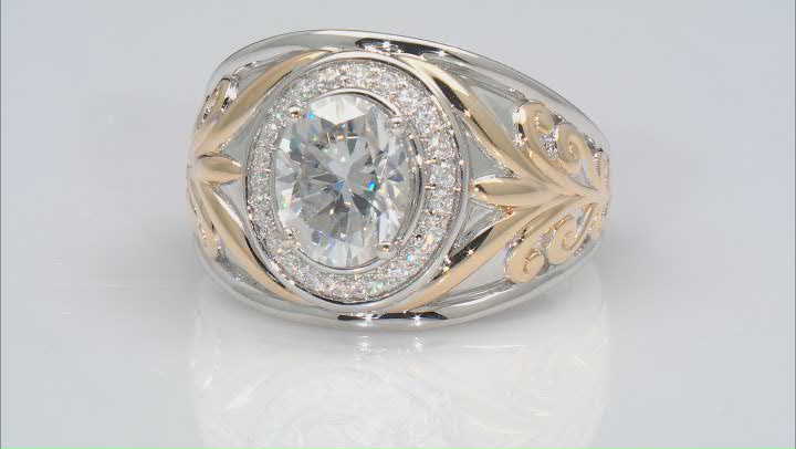 Moissanite platineve and 14k yellow gold over silver men's ring 3.44ctw DEW. Video Thumbnail