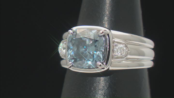 Blue And Colorless Moissanite Platineve Mens Ring 5.20ctw DEW. Video Thumbnail