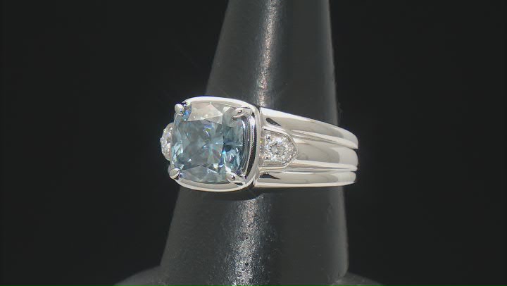 Blue And Colorless Moissanite Platineve Mens Ring 5.20ctw DEW. Video Thumbnail