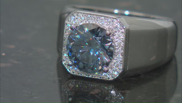 Blue And Colorless Moissanite Platineve Mens Ring 3.88ctw DEW. Video Thumbnail