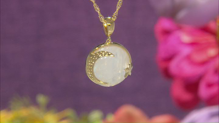 Rainbow Moonstone 18K Yellow Gold Over Sterling Silver Moon & Star Pendant With 18" Chain Video Thumbnail