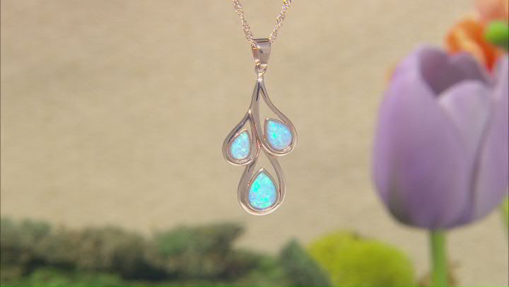 Blue Lab Created Opal 18K Rose Gold Over Silver Rain Drop Pendant With 18" Chain Video Thumbnail