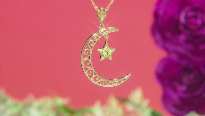 Peridot 18K Yellow Gold Over Silver Moon & Star Filigree Pendant With Chain 0.26ct
