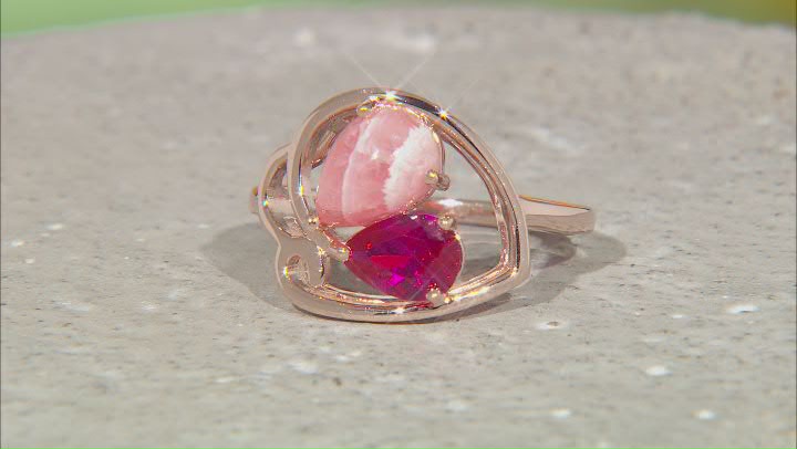 Rhodochrosite & Lab Created  Ruby 18K Rose Gold Over Silver Ring 0.66ct