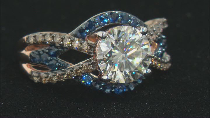 Moissanite with champagne diamond and blue sapphire 14k rose gold over silver ring 1.90ct DEW. Video Thumbnail