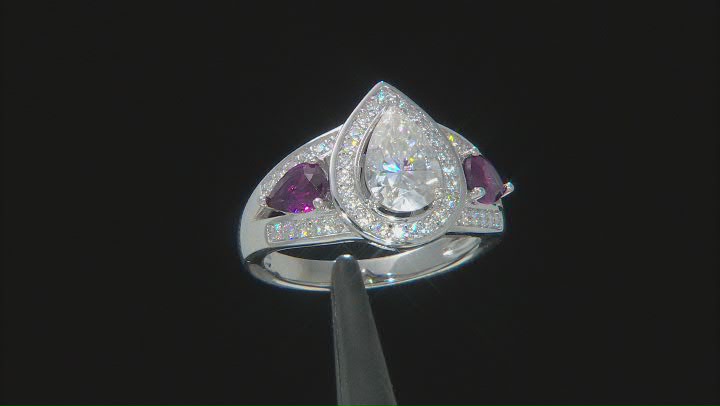 Moissanite and grape color garnet platineve ring 1.93ctw DEW. Video Thumbnail