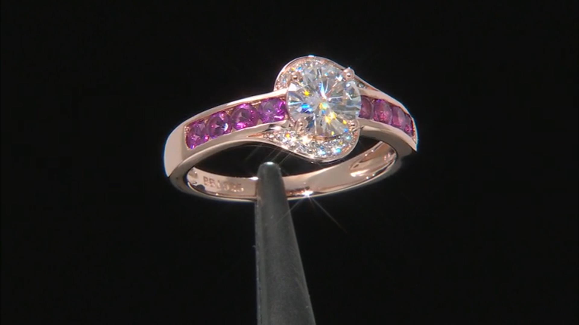 Moissanite And Grape Color Garnet 14k Rose Gold Over Silver Ring 1.10ctw DEW. Video Thumbnail