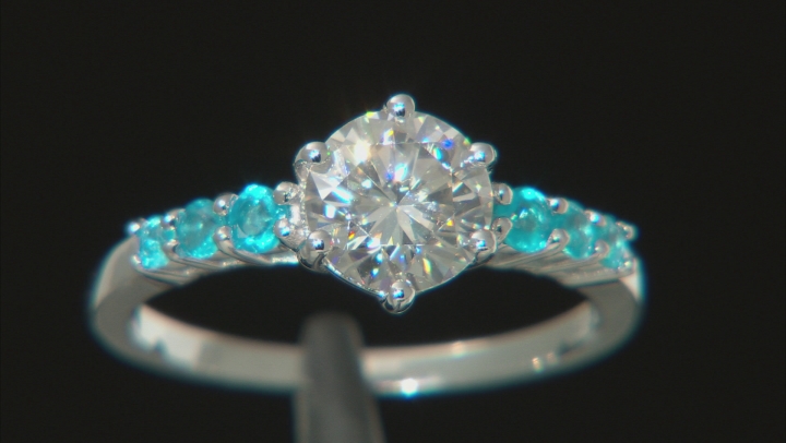 Moissanite and neon apatite platineve ring 1.20ct DEW. Video Thumbnail