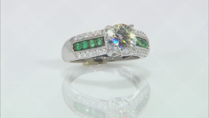 Moissanite and Zambian emerald Platineve ring 2.14ctw DEW. Video Thumbnail