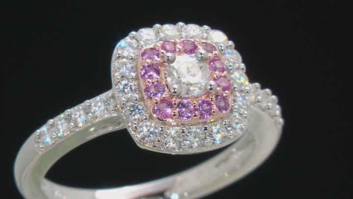 Moissanite And Pink Sapphire Platineve And 14k Rose Gold Over Platineve Ring .94ctw DEW. Video Thumbnail