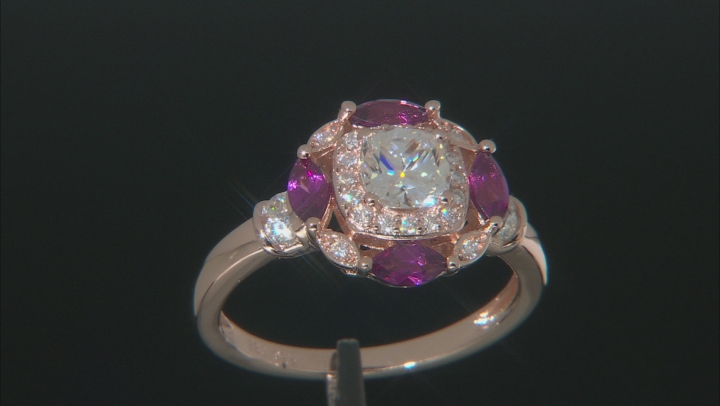 Moissanite and grape color garnet 14k rose gold over silver ring 1.12ctw DEW. Video Thumbnail