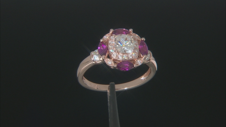 Moissanite and grape color garnet 14k rose gold over silver ring 1.12ctw DEW. Video Thumbnail