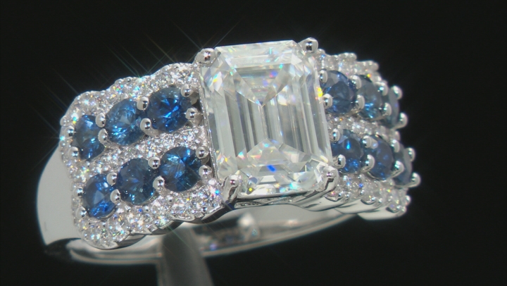 Moissanite And Blue Sapphire Platineve Ring 2.98ctw DEW. Video Thumbnail