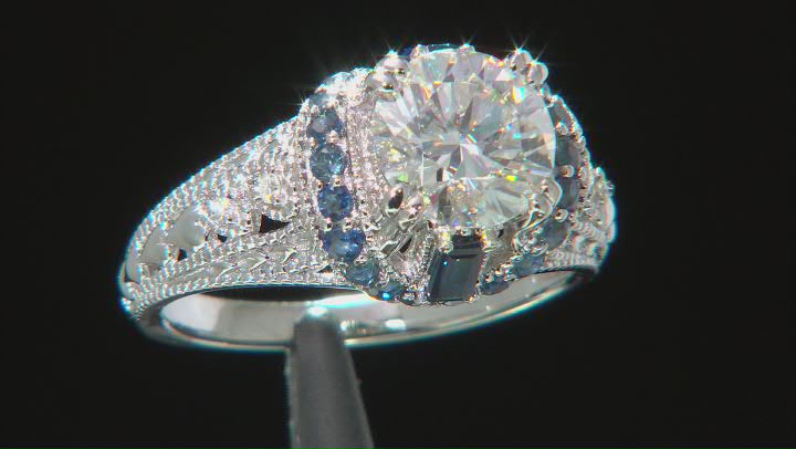 Moissanite And Blue Sapphire Platineve Ring 1.94ctw DEW. Video Thumbnail