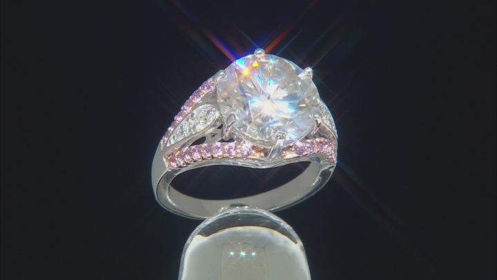 Moissanite And Pink Sapphire Platineve Ring 6.33ctw DEW. Video Thumbnail