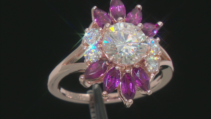 Moissanite And Grape Color Garnet 14k Rose Gold Over Silver Ring 1.90ctw D.E.W Video Thumbnail