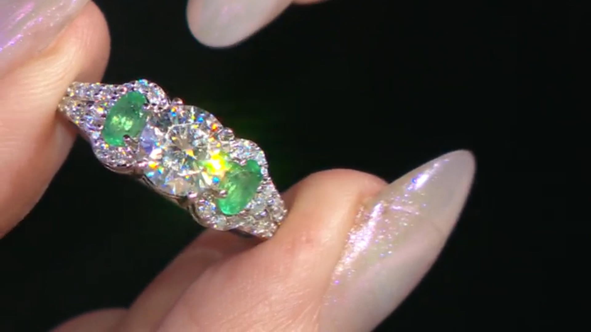 Moissanite and Zambian emerald platineve ring 1.92ctw DEW. Video Thumbnail