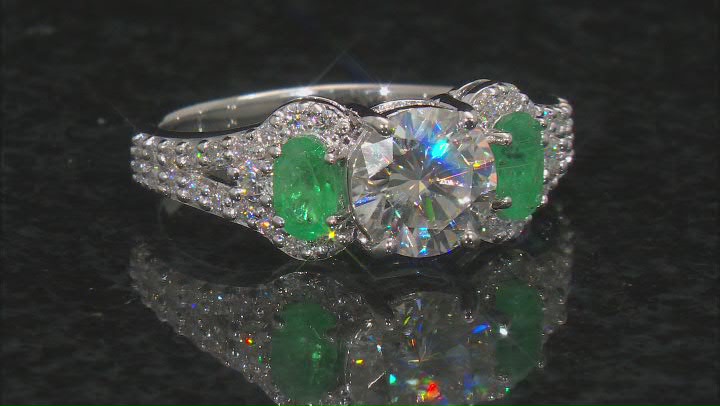 Moissanite and Zambian emerald platineve ring 1.92ctw DEW. Video Thumbnail
