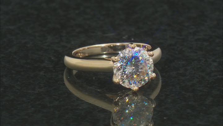 Moissanite Inferno cut 14k yellow gold over sterling silver ring 3.08ct DEW.