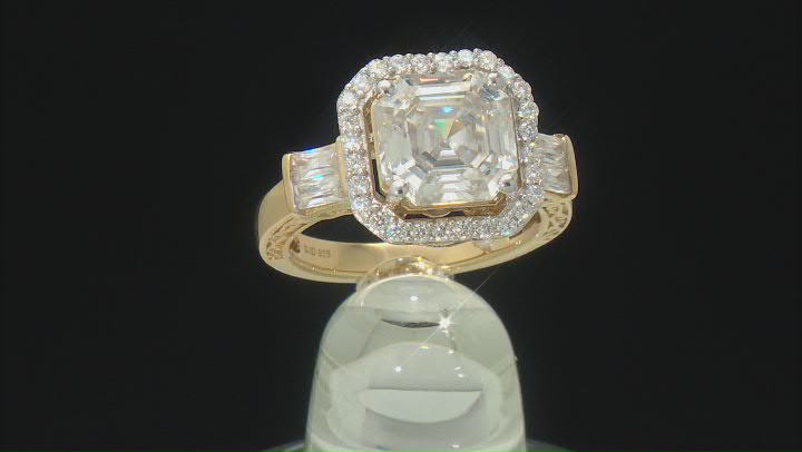 Moissanite 14k yellow gold over sterling silver engagement ring 5.29ctw DEW. Video Thumbnail