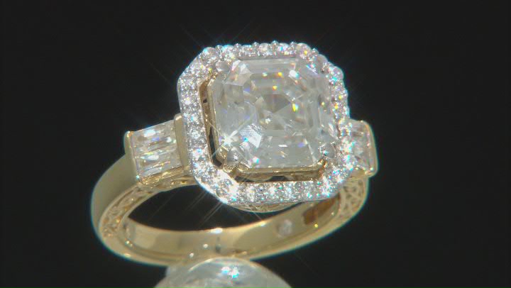 Moissanite 14k yellow gold over sterling silver engagement ring 5.29ctw DEW. Video Thumbnail