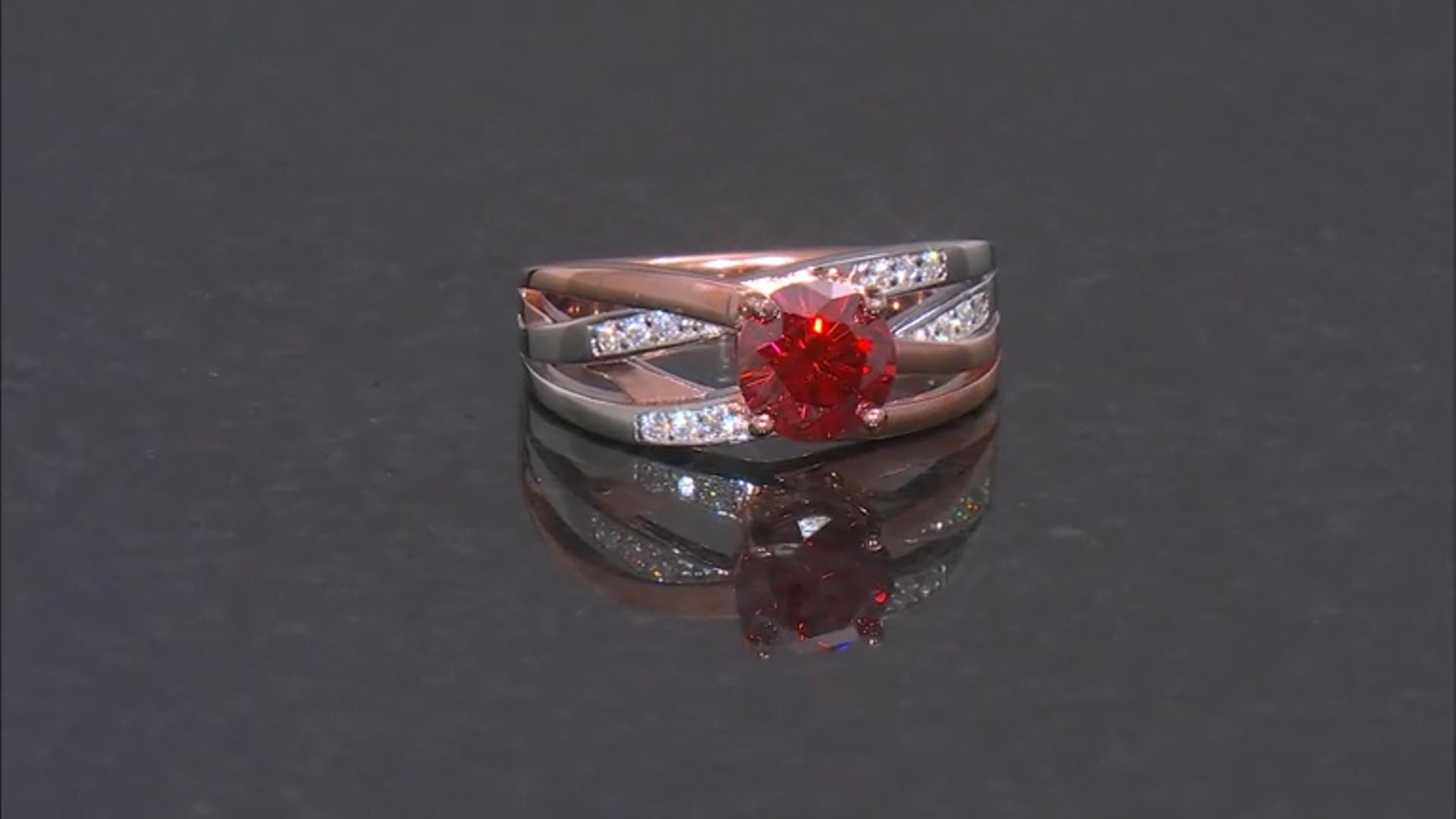 Red and colorless moissanite 14k rose gold and  platineve over silver two tone ring 1.62ctw DEW Video Thumbnail